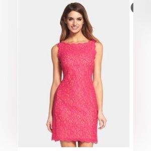 Adrianna Papell rose pink lace boatneck mini sheath dress size 10